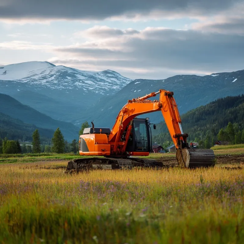Oransje gravemaskin på en gresslette med fjell i bakgrunnen